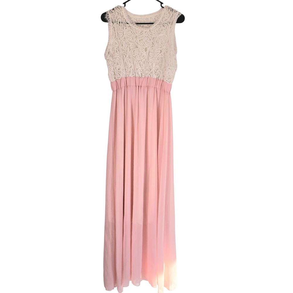 Women Lace Top Chiffon Maxi Dress Pink Sleeveless Boho Elegant